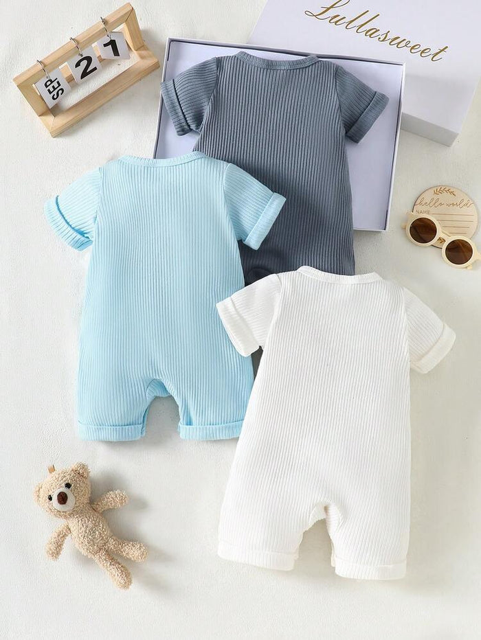 Baby 3-Pack Ribbed Short Sleeve Rompers – Soft Cotton Snap Button Pocket Playsuit Set