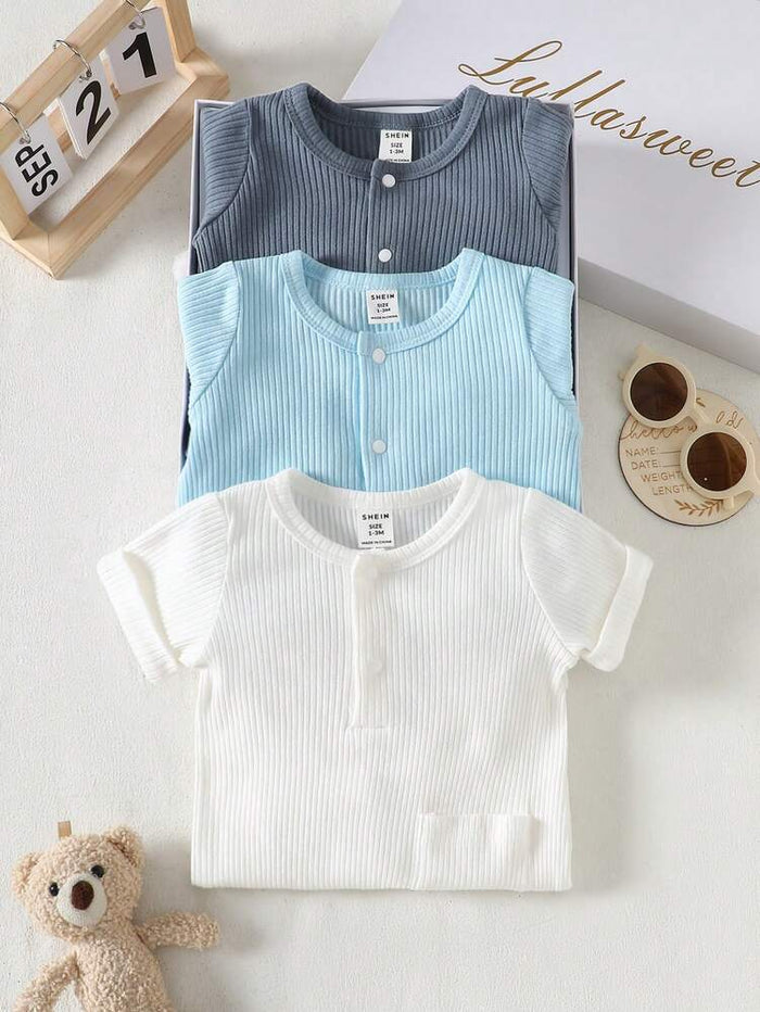 Baby 3-Pack Ribbed Short Sleeve Rompers – Soft Cotton Snap Button Pocket Playsuit Set