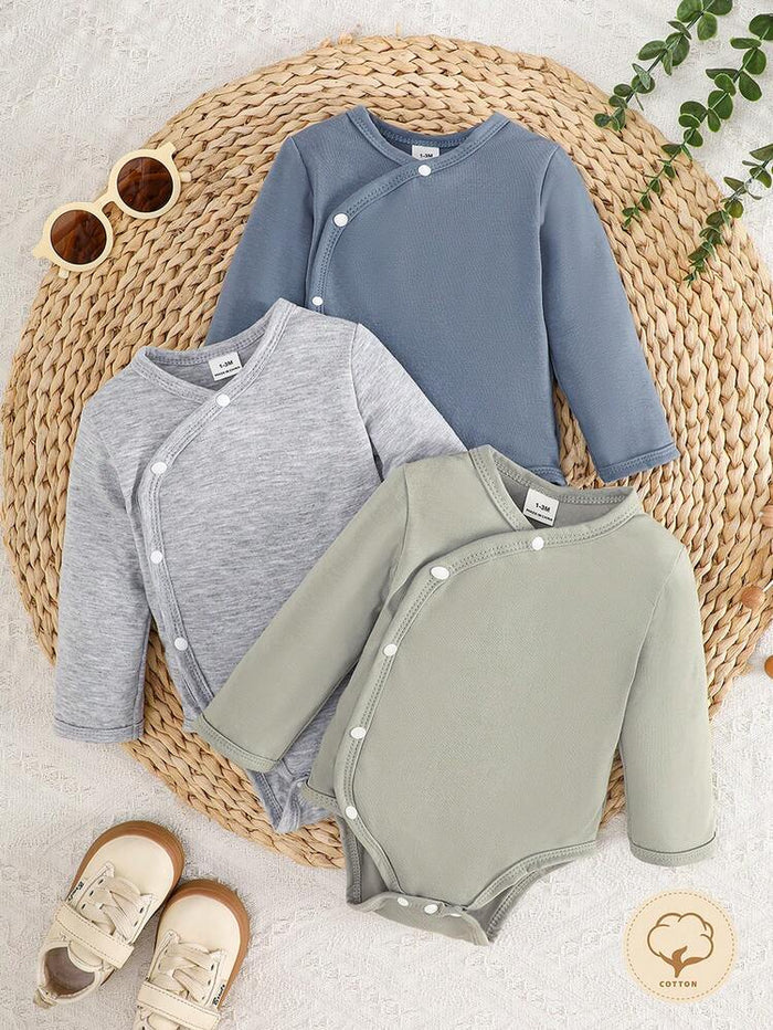 Baby 3-Pack Wrap Front Long Sleeve Bodysuits – Soft Cotton Snap Closure Onesie Set