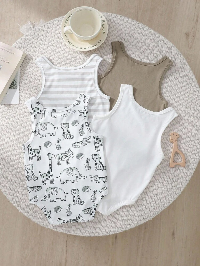 Baby 4-Pack Sleeveless Bodysuits – Solid, Striped & Animal Print Cotton Onesie Set