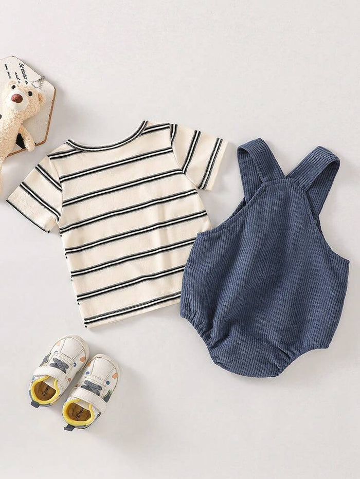 Baby Boy 2-Piece Corduroy Romper Set – Blue Overalls Romper with Striped T-Shirt
