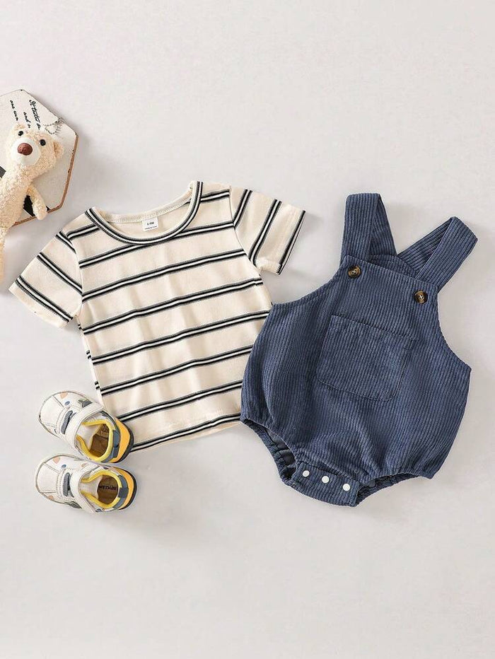 Baby Boy 2-Piece Corduroy Romper Set – Blue Overalls Romper with Striped T-Shirt