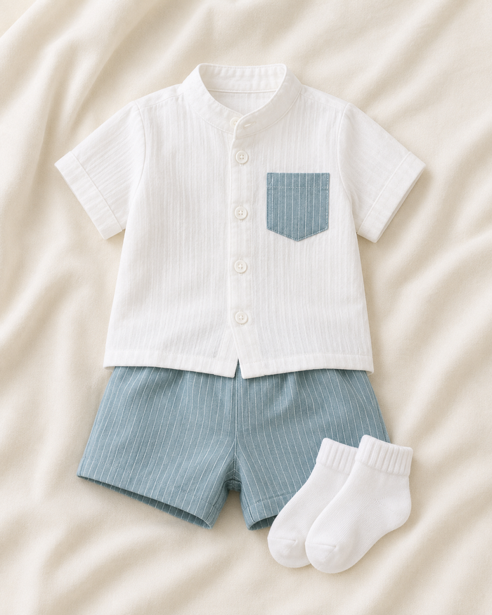 Baby Boys 2-Piece Shirt and Striped Shorts Set – Fast Delivery in 5 Days