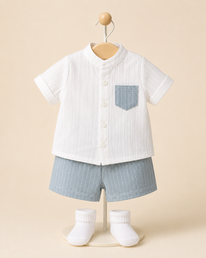 Baby Boys 2-Piece Shirt and Striped Shorts Set – Fast Delivery in 5 Days
