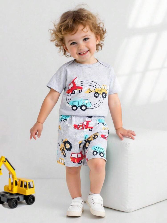 Baby Boys 2-Piece Vehicle Print Set – Short Sleeve Bodysuit & Shorts Outfit – Soft Cotton Summer Wear