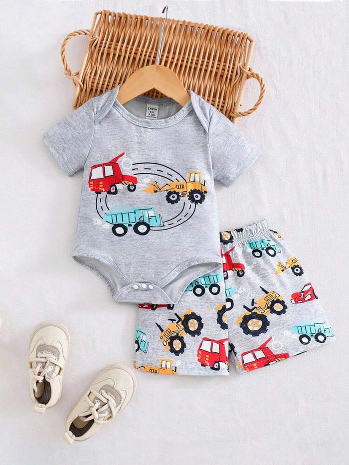 Baby Boys 2-Piece Vehicle Print Set – Short Sleeve Bodysuit & Shorts Outfit – Soft Cotton Summer Wear