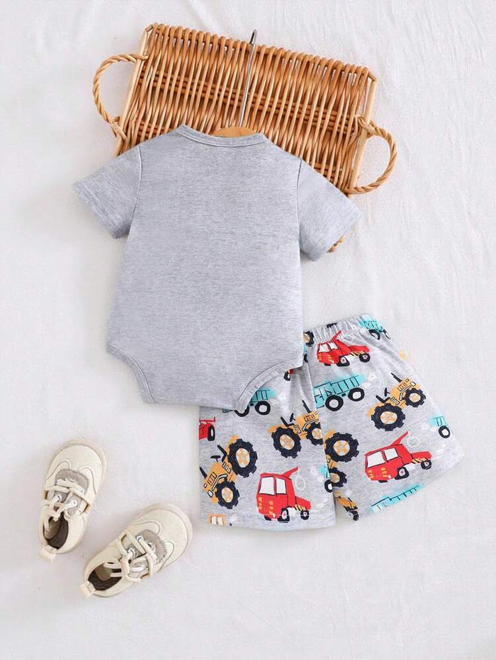 Baby Boys 2-Piece Vehicle Print Set – Short Sleeve Bodysuit & Shorts Outfit – Soft Cotton Summer Wear