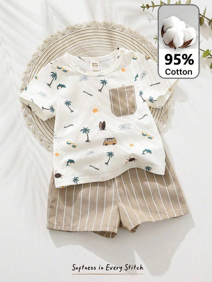 Baby Boys Beach Print Cotton T-Shirt & Striped Shorts Set – Beige Summer Outfit