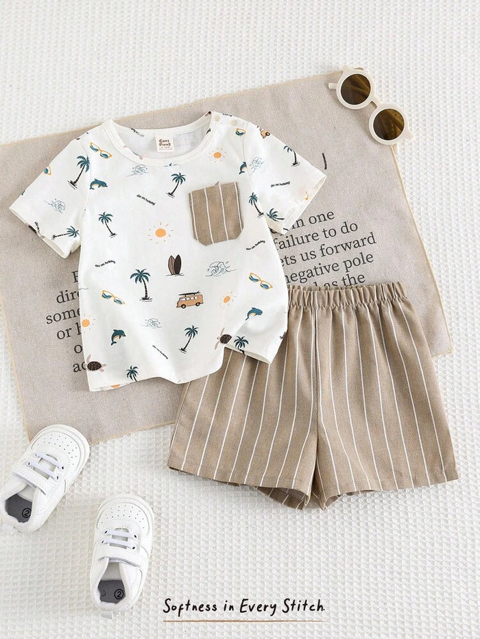 Baby Boys Beach Print Cotton T-Shirt & Striped Shorts Set – Beige Summer Outfit