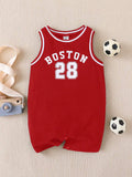 Baby Boys Red Boston 28 Sleeveless Romper – Sports Style Cotton Bodysuit – Snap Closure Summer Outfit