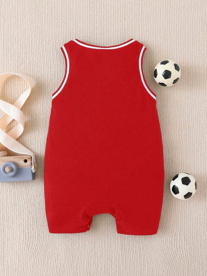 Baby Boys Red Boston 28 Sleeveless Romper – Sports Style Cotton Bodysuit – Snap Closure Summer Outfit