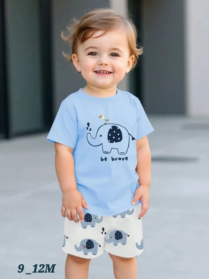 Baby Boys Summer T-Shirt & Shorts Set â€“ Cute Elephant Print â€“ Soft Cotton