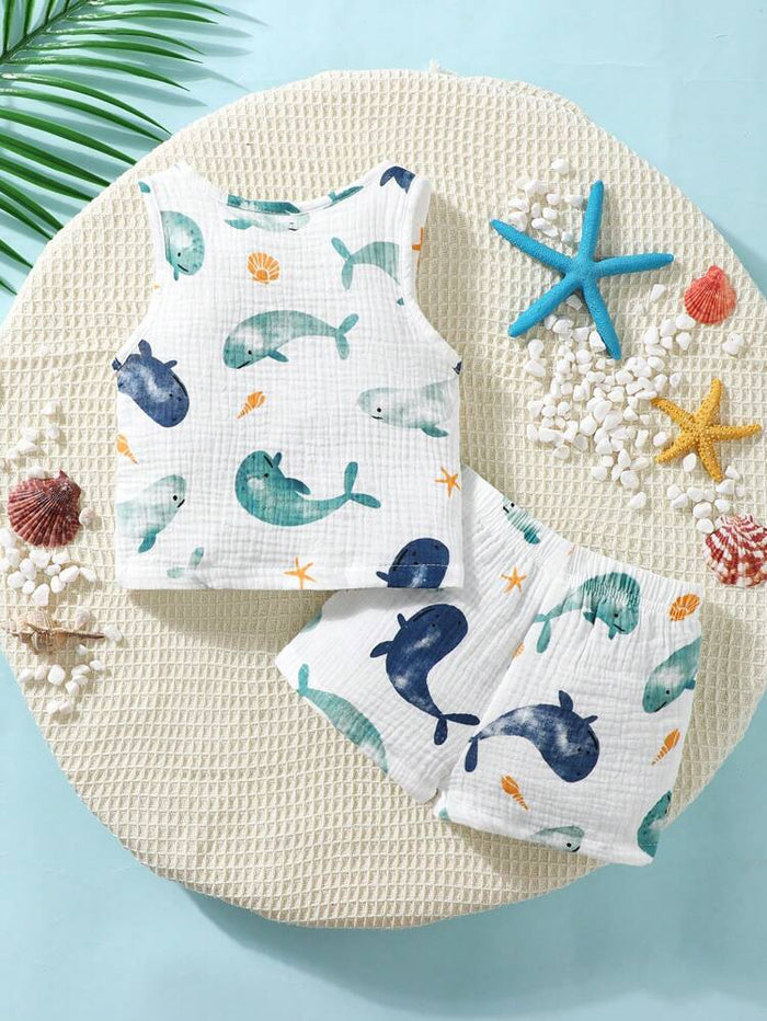Baby Boys Whale Print 2-Piece Summer Set – Sleeveless Top & Shorts Outfit – Soft Lightweight Casual Wear