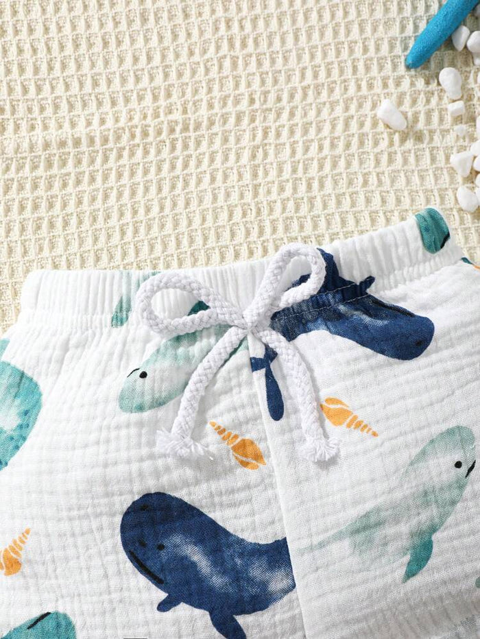Baby Boys Whale Print 2-Piece Summer Set – Sleeveless Top & Shorts Outfit – Soft Lightweight Casual Wear