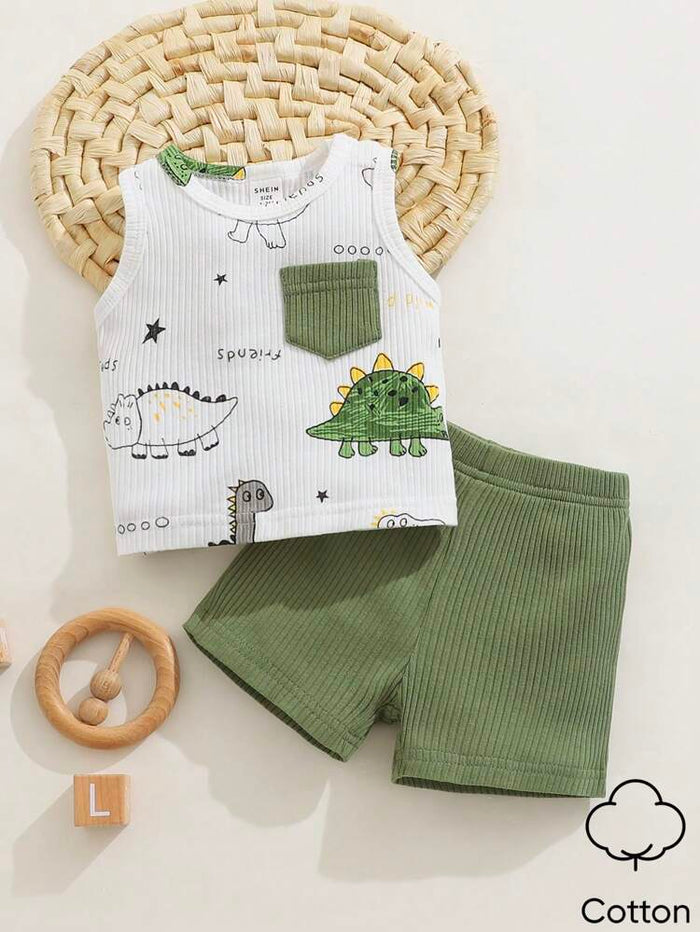 Baby Dinosaur Print Sleeveless Top and Ribbed Shorts Set – Soft Cotton Blend Toddler Outfit – White Green