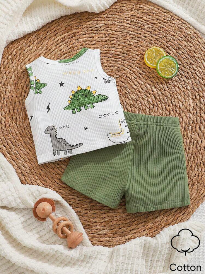 Baby Dinosaur Print Sleeveless Top and Ribbed Shorts Set – Soft Cotton Blend Toddler Outfit – White Green
