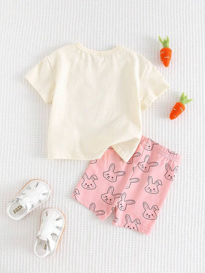 Baby Girl 2-Piece Bunny Print Outfit – Short Sleeve T-Shirt & Pink Bunny Shorts Set