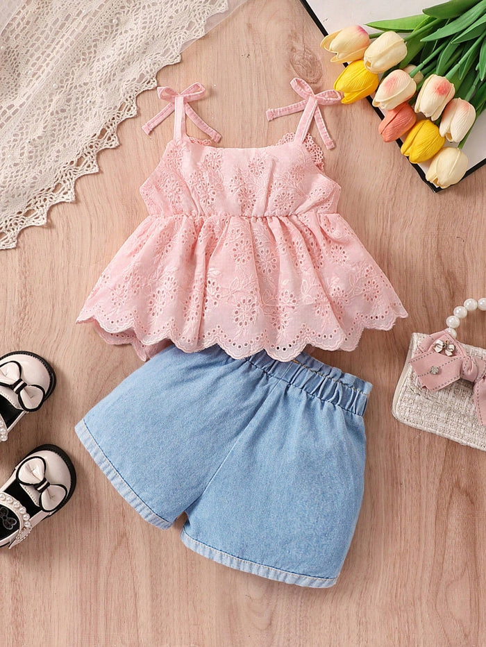 Baby Girl Lace Cami Top & Denim Shorts Set – 2-Piece Summer Outfit