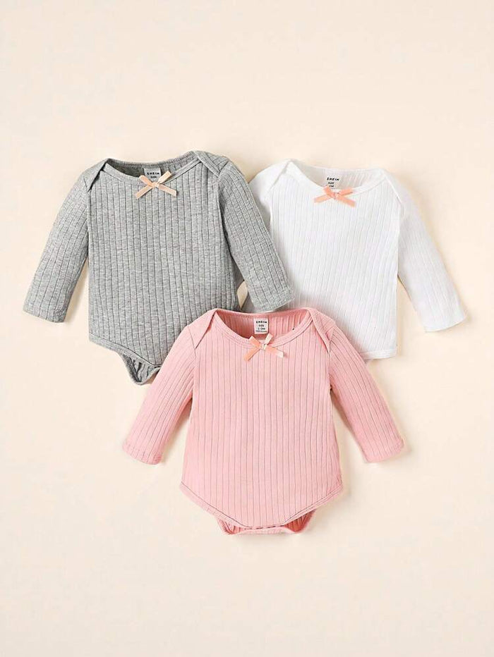 Baby Girls 3-Pack Ribbed Long Sleeve Bodysuits – Soft Snap Closure Onesie Set