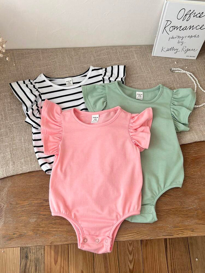 Baby Girls 3-Pack Ruffle Sleeve Bodysuits – Soft Cotton Snap Closure Onesie Set
