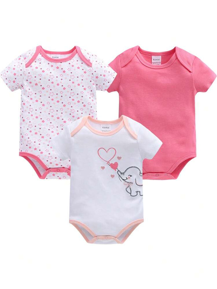 Baby Girls 3-Pack Short Sleeve Bodysuits – Star Print & Elephant Applique Cotton Onesie Set