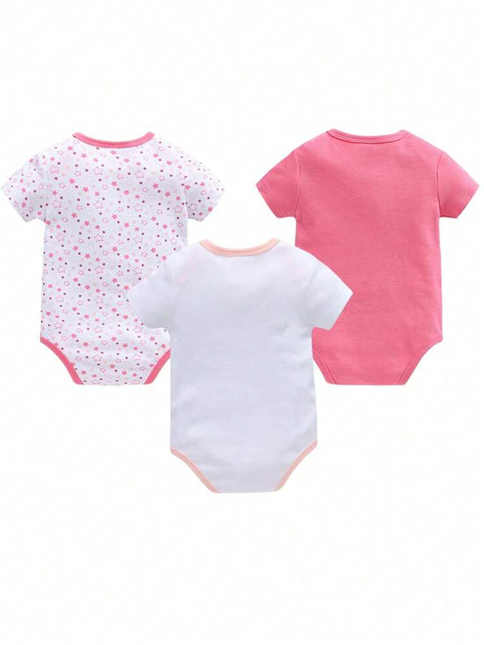 Baby Girls 3-Pack Short Sleeve Bodysuits – Star Print & Elephant Applique Cotton Onesie Set