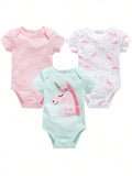 Baby Girls 3-Pack Short Sleeve Bodysuits – Unicorn Print & Applique Cotton Onesie Set