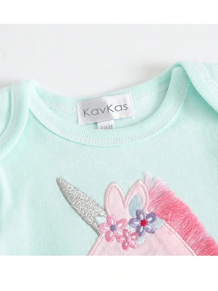 Baby Girls 3-Pack Short Sleeve Bodysuits – Unicorn Print & Applique Cotton Onesie Set