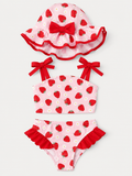 Baby Girls Pink Strawberry Print Bikini Set with Hat 18-24M