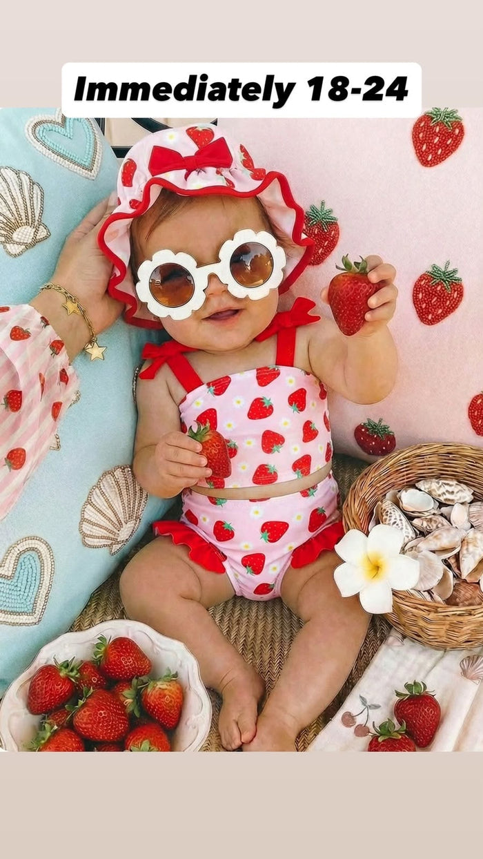 Baby Girls Pink Strawberry Print Bikini Set with Hat 18-24M