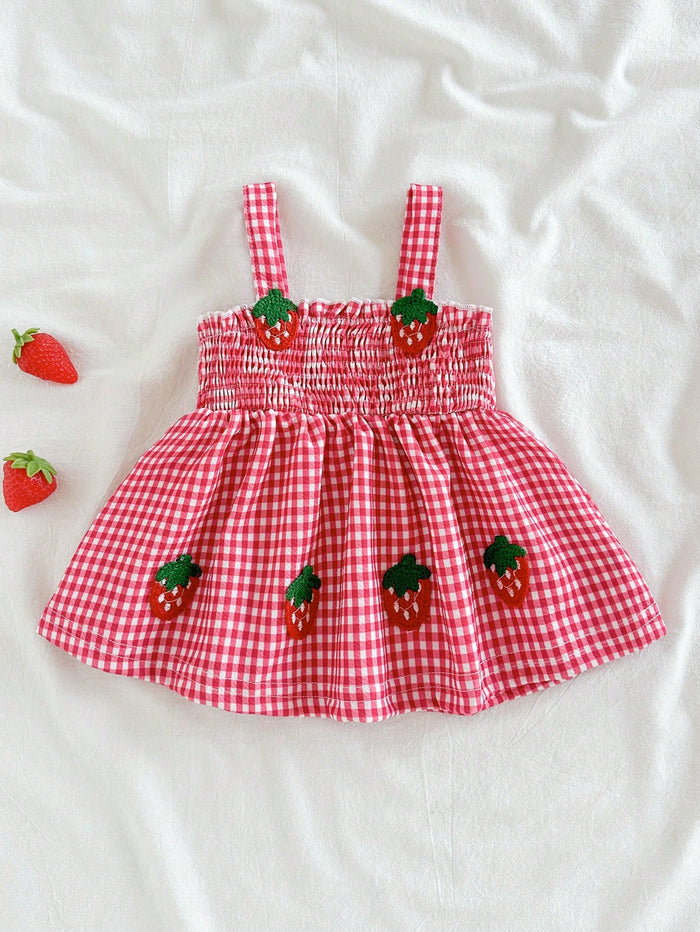 Baby Girls Strawberry Embroidered Gingham Dress – Red & White Sleeveless Summer Dress