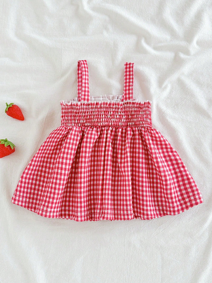 Baby Girls Strawberry Embroidered Gingham Dress – Red & White Sleeveless Summer Dress