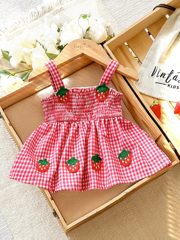 Baby Girls Strawberry Embroidered Gingham Dress – Red & White Sleeveless Summer Dress
