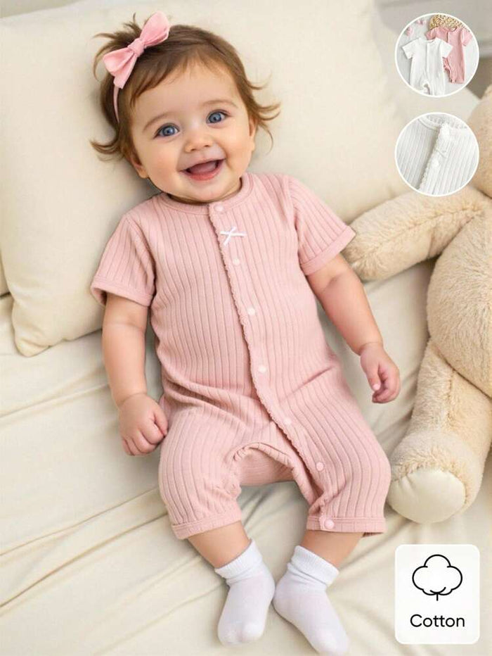 Baby Ribbed Cotton Short Sleeve Romper – Button Front One-Piece Jumpsuit