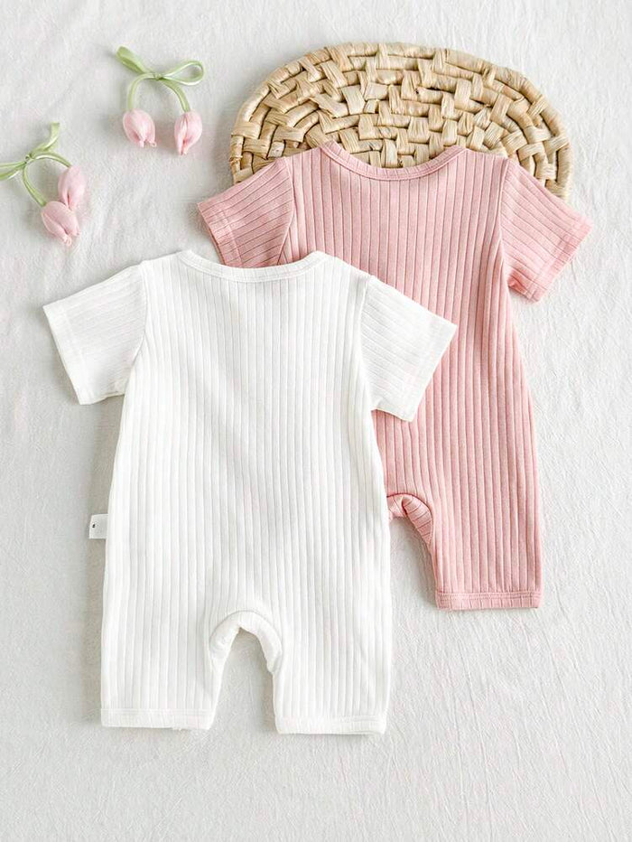 Baby Ribbed Cotton Short Sleeve Romper – Button Front One-Piece Jumpsuit