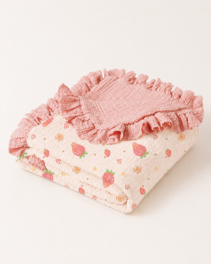 Baby Strawberry Print Blanket and Pillow Set