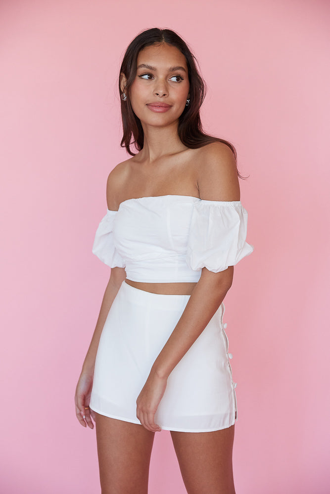 white button mini skirt