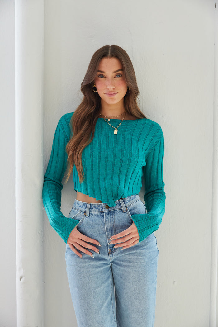 teal long sleeve knit top - v bottom hem sweater - green long sleeve ribbed sweater | green-image