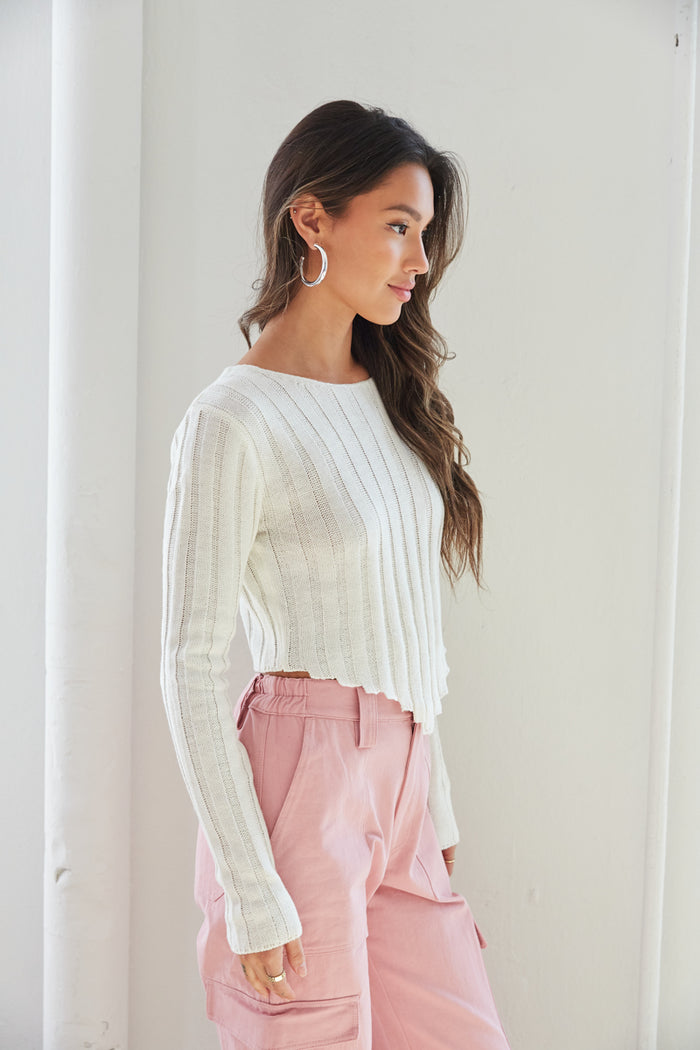 v hem long sleeve top - ribbed lightweight sweater - off white long sleeve top