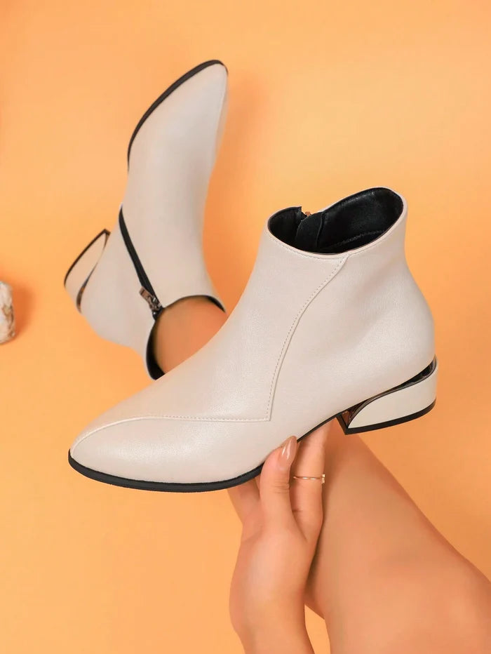 Beige Pointed Toe Ankle Boots – Block Heel Side Zip Boots for Elegant Everyday Wear