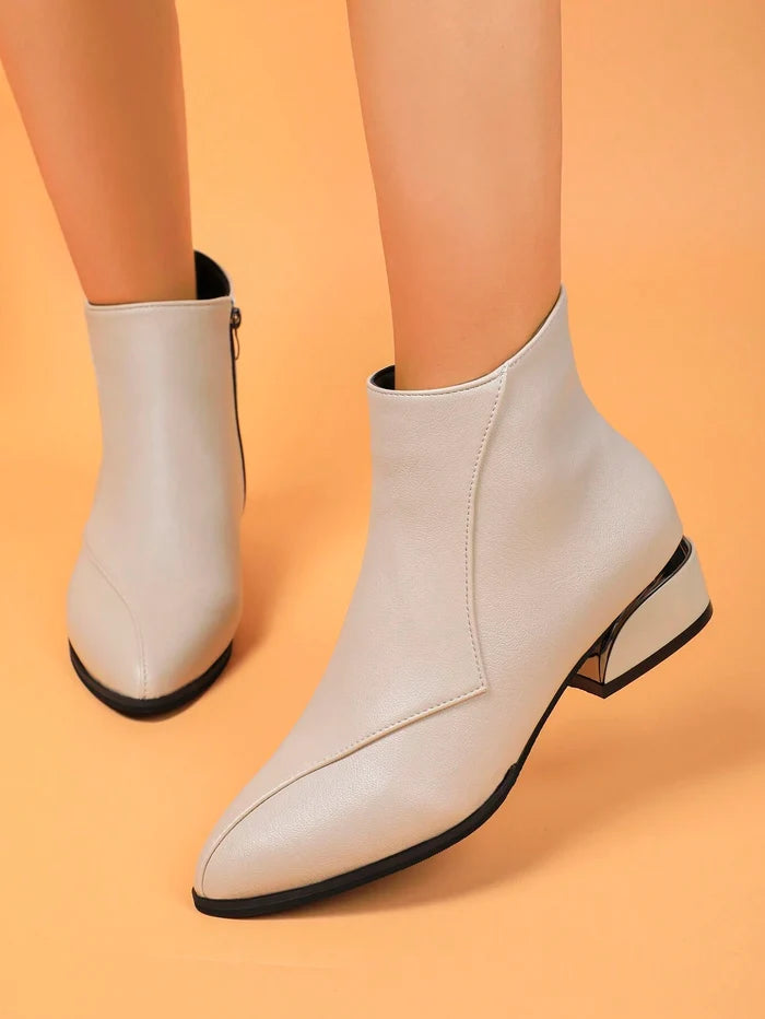 Beige Pointed Toe Ankle Boots – Block Heel Side Zip Boots for Elegant Everyday Wear