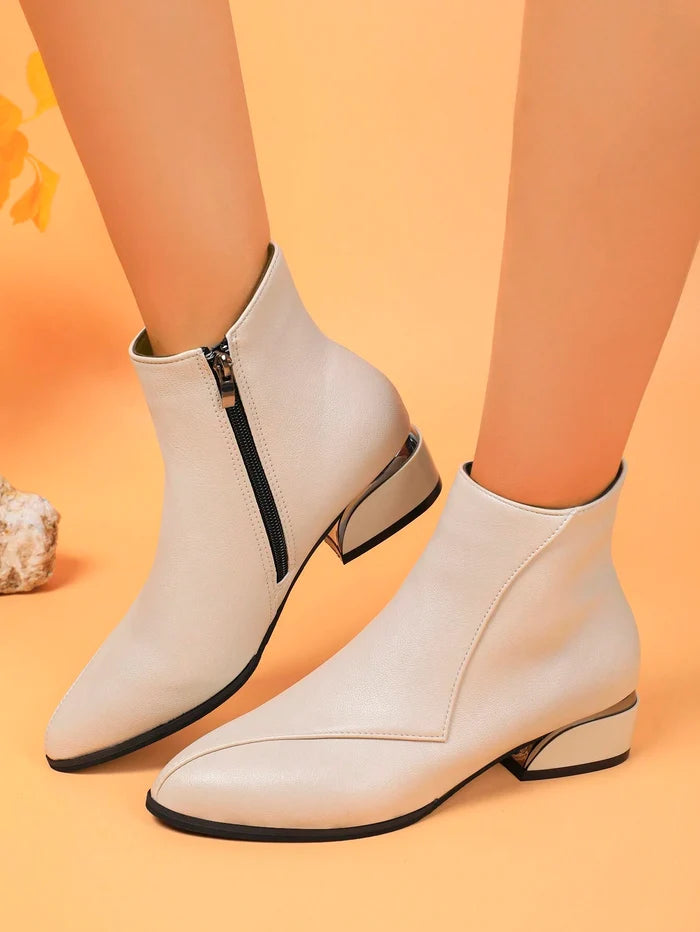 Beige Pointed Toe Ankle Boots – Block Heel Side Zip Boots for Elegant Everyday Wear