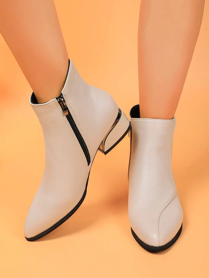 Beige Pointed Toe Ankle Boots – Block Heel Side Zip Boots for Elegant Everyday Wear