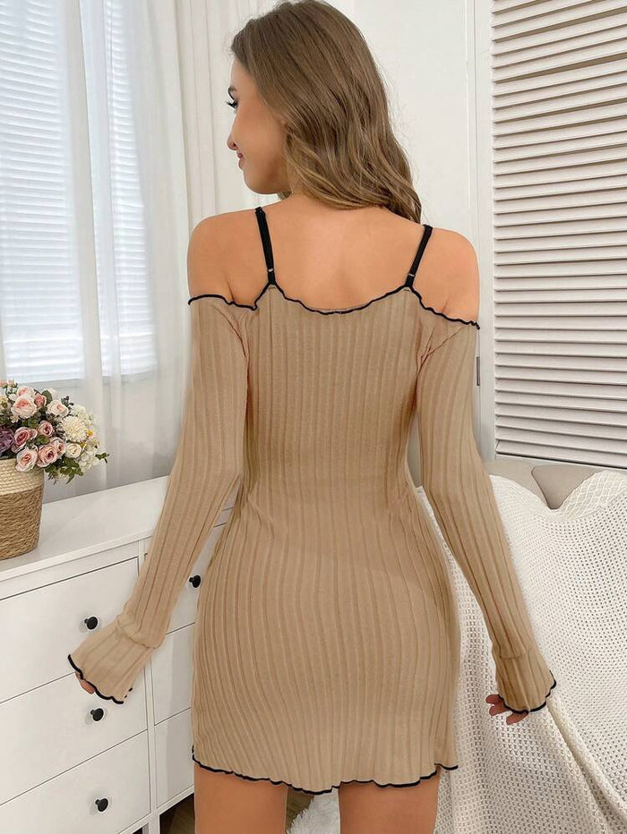 Beige Ribbed Cold Shoulder Mini Dress – Contrast Trim Bodycon Long Sleeve Dress for Women