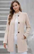 Beige Stand Collar Longline Coat – Elegant Button Front Winter Jacket for Women