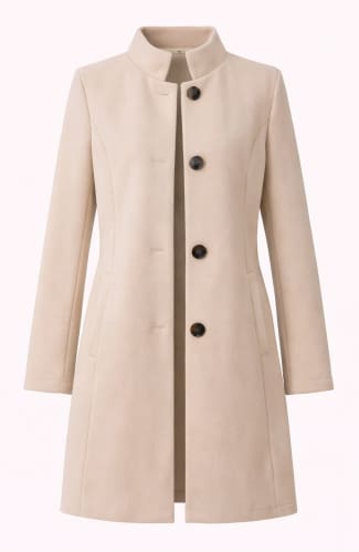 Beige Stand Collar Longline Coat – Elegant Button Front Winter Jacket for Women