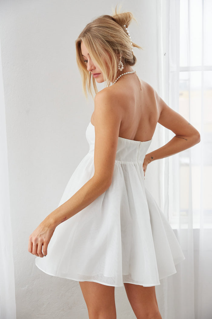 white bachelorette party dress - strapless babydoll dress - courthouse outfit inpso - bridal shower mini dress