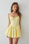 yellow-image | front-image | yellow strapless dress | lace detailing | feminine summer dress | bright yellow strapless dress with lace trim, perfect for a fresh, casual summer look