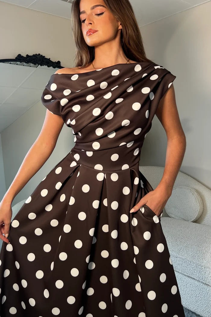 Betty Asymmetric Skater Midi Dress (Brown Spot)