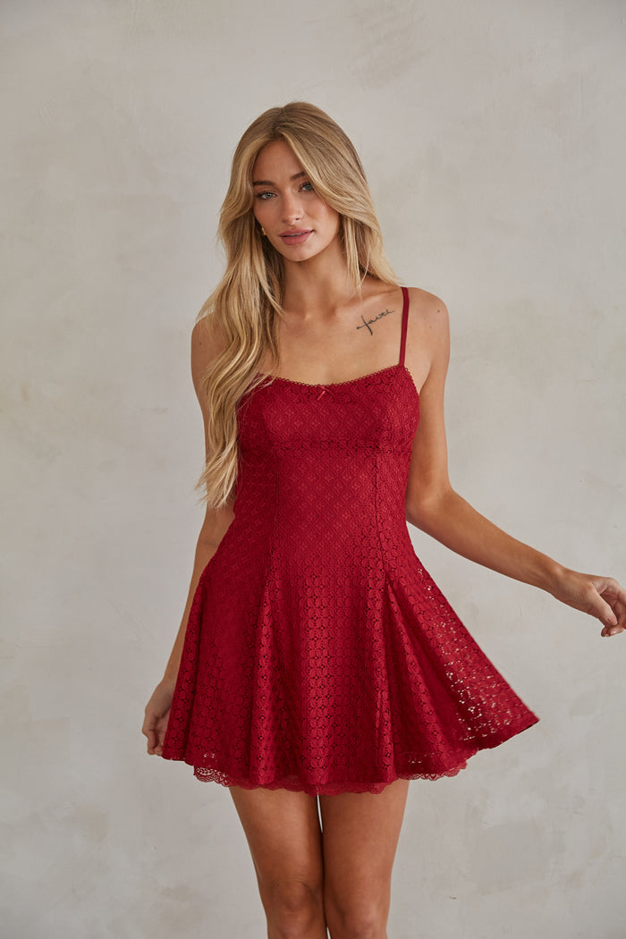 crimson-image | front-image | crimson lace fit and flare mini dress with back zipper and tiny bow on neckline | fit and flare mini dress | trendy mini dress | trendy mini dress boutique | lace mini dress | red dress
